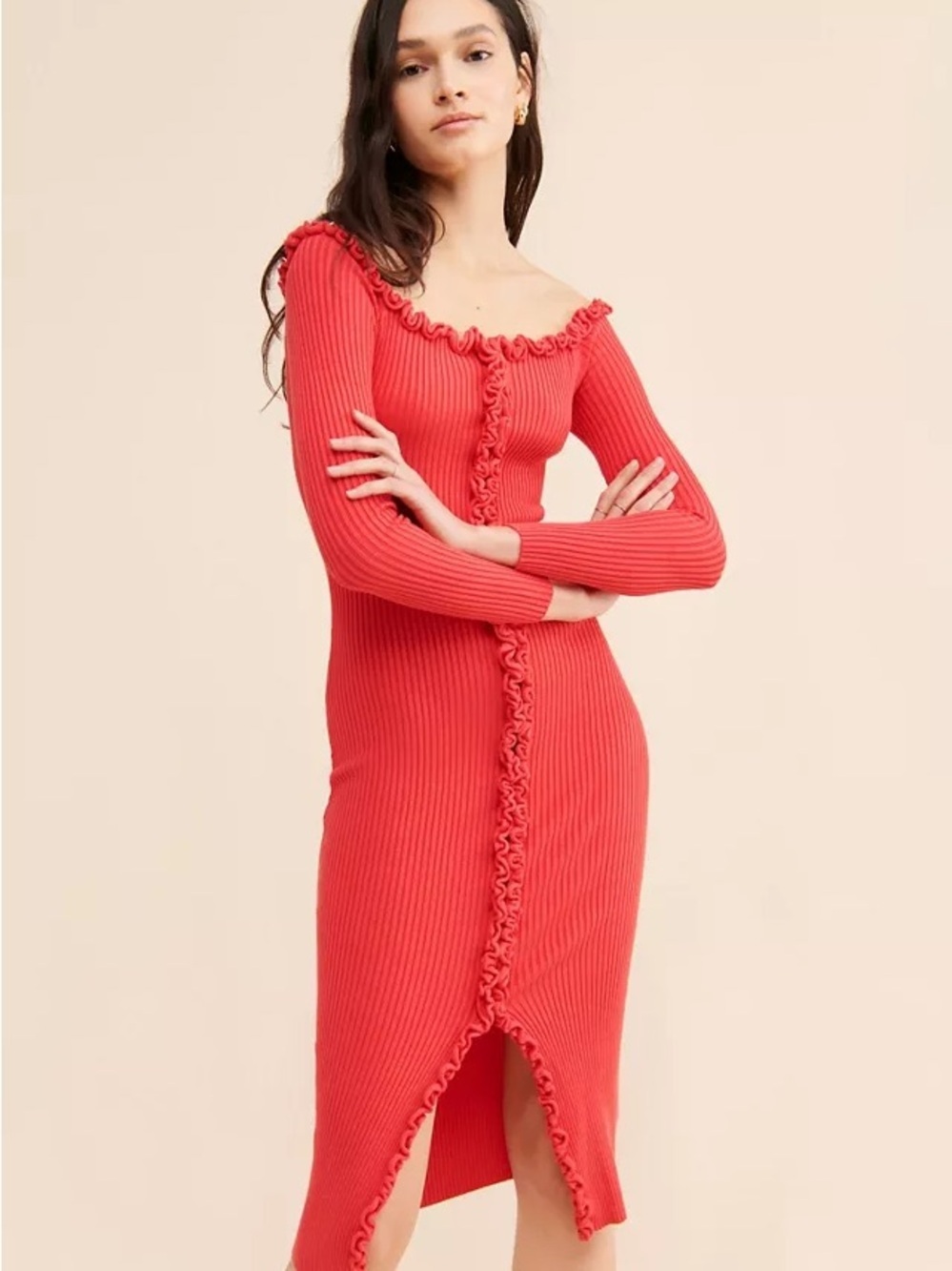 Find Me Now Charlie Coral Ribbed Off-Shoulder Midi Dress Sz S